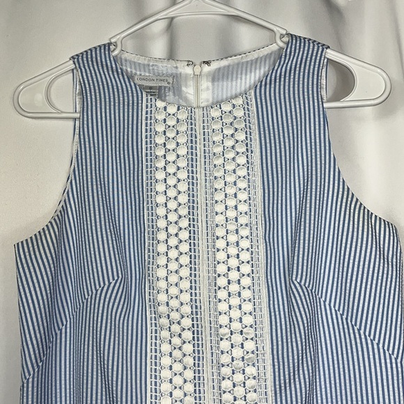 London Times seersucker crocheted front panel adorned shift midi dress Sz 6 - Picture 4 of 10